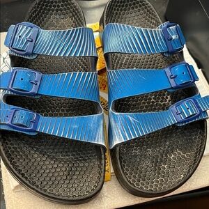 Birkis Birkenstock Blue Striped Sandals with Buckles